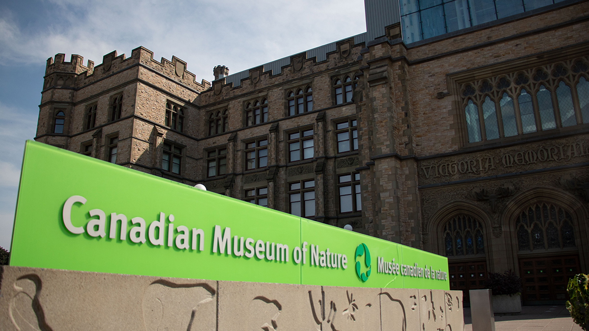 Canadian Museum of Nature sign stands in front of the museum building on a sunny day