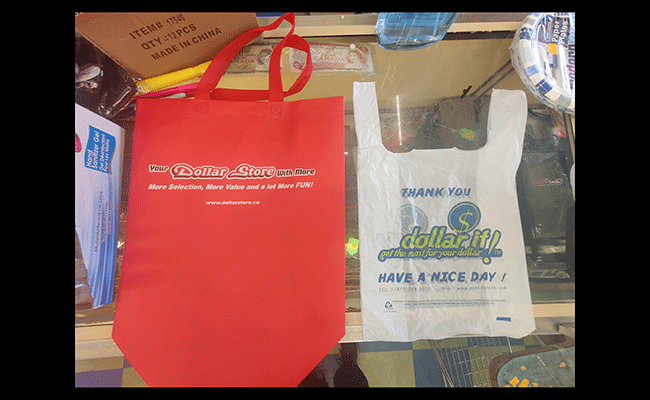 Red bag next to plastic bag offered by dollar it!