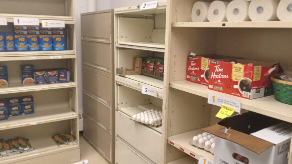 The food bank at the University of Ottawa has it shelf stocked with eggs, coffee, pasta, toilet papers.