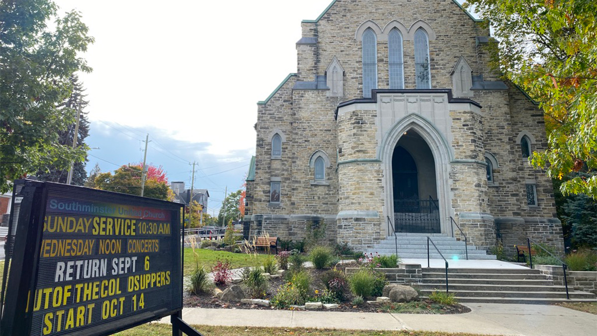 The billboard in front of Southminster United Church advertises its Out of the Cold program.