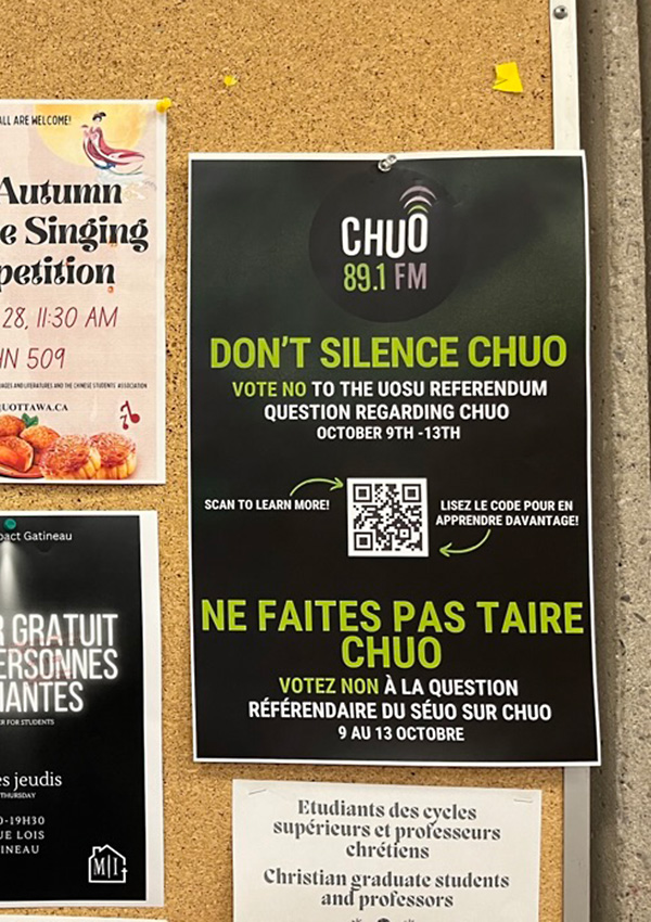 A poster hangs on a uOttawa campus bulletin board. The poster reads: "Don't Silence CHUO. Vote NO to the UOSU referendum question regarding CHUO. October 9th - 13th." The poster contains a QR code with "Scan to learn more." 