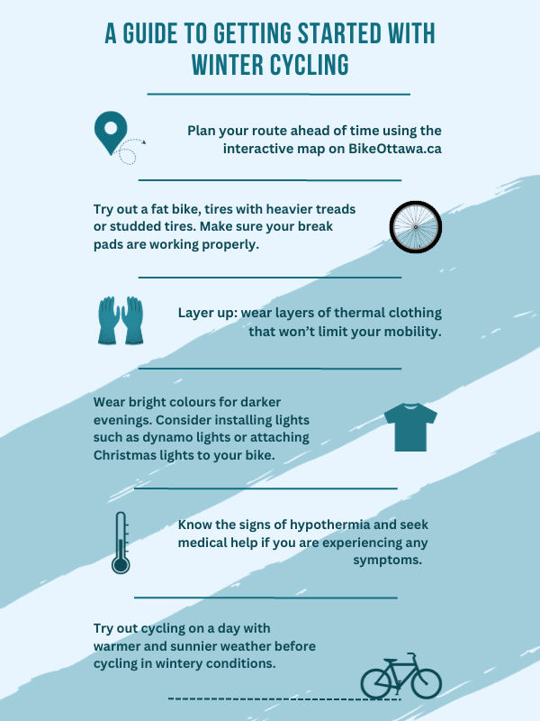 Graphic with advice on getting started with winter cycling: plan out your routes in advance, get tires with heavier treads or with studs, layer up thermal clothing, wear bright clothing for darker evenings, know the signs of hypothermia and try out cycling on a nicer day to get a feel for it.