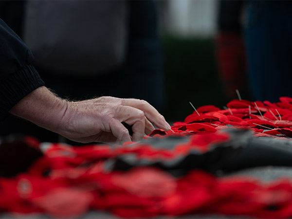 A hand places a poppy on the Tomb of the Unknown Solider in Ottawa Ont.