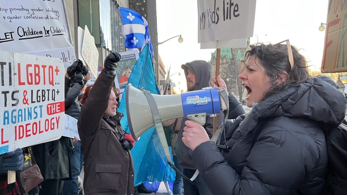Protesters rally for trans youth as Alberta Premier Danielle Smith visits Ottawa