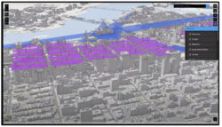 Computer projection of downtown Ottawa with different colours highlighting building heights