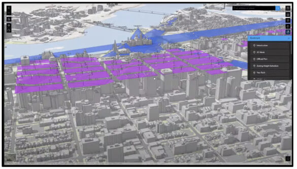 Computer projection of downtown Ottawa with different colours highlighting building heights