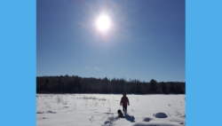 Child with dog in snowy field looks at bright sun and blue sky