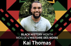 Writer Kai Thomas at centre of colourful poster advertising Black History Month event.