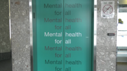 Elevator doors at the Canadian Mental Health Association's Ottawa office. On the doors is a decal that says "mental health for all."