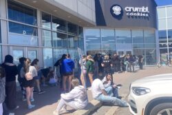 People waiting outside Crumbl Cookies Nepean.