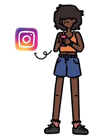 Drawing of a Black woman in her phone looking through instagram.