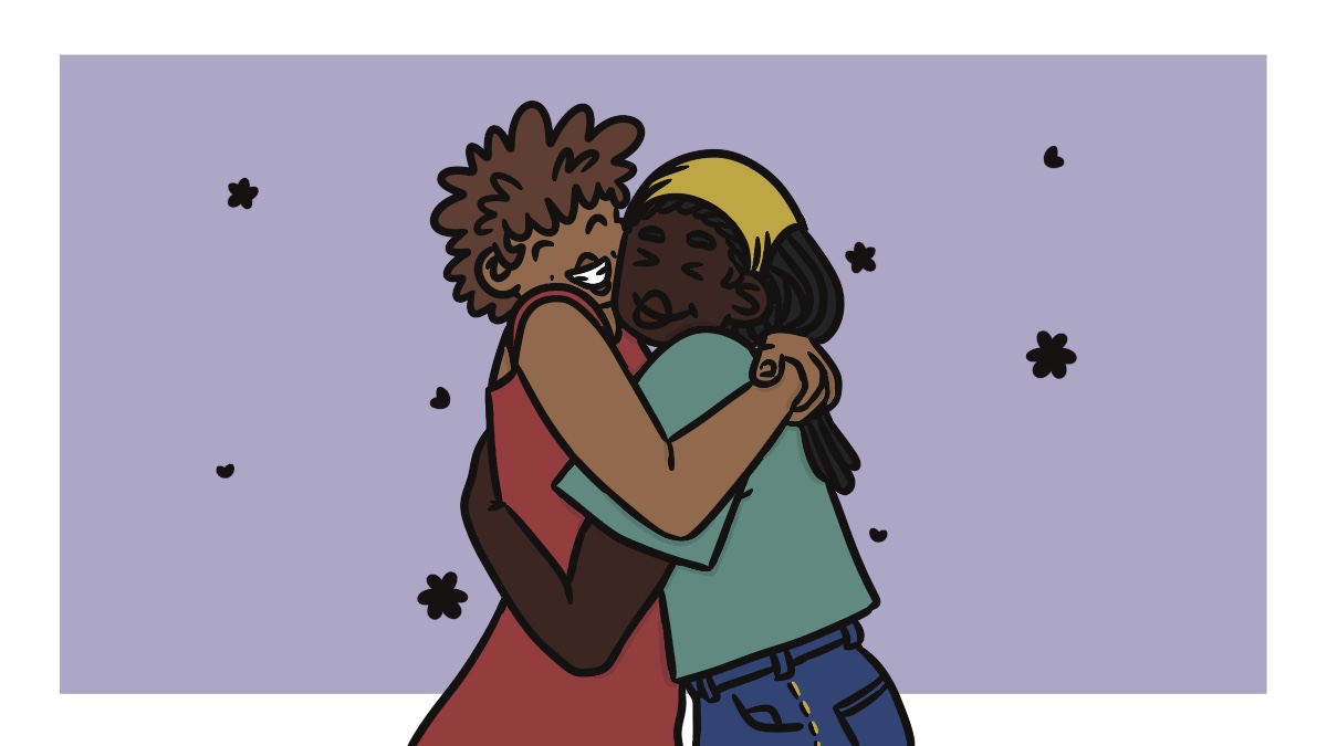 Drawing on two Black women huggning.