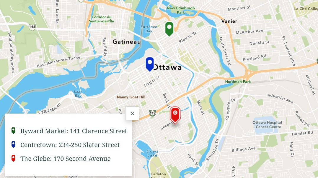 A map shows the location of three bike locker storage units across Ottawa. 