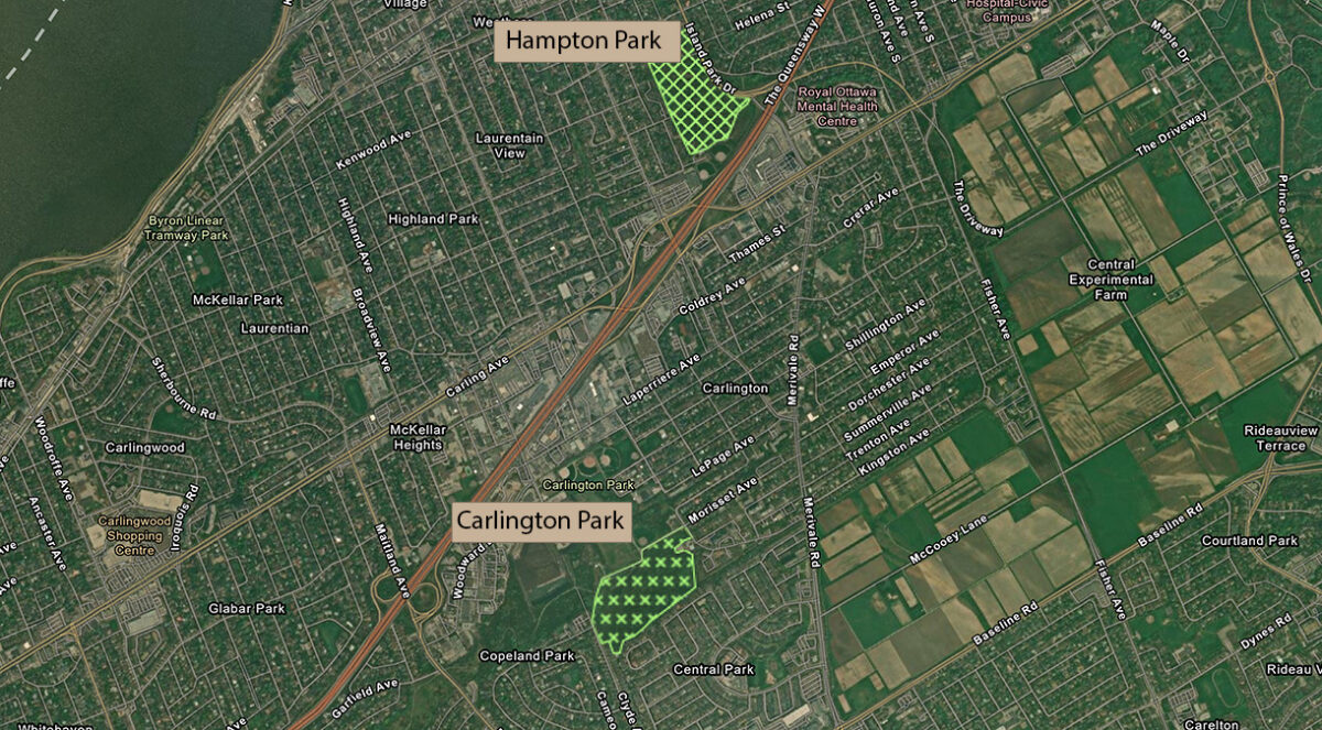 Map highlighting Hampton Park and Carlington Park in Ottawa.