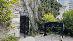 The entrance to the Ottawa Jail Hostel. An old exposed stone building with ivy and other plants growing on the walls. A door made of metal bars and a decorative gallow.