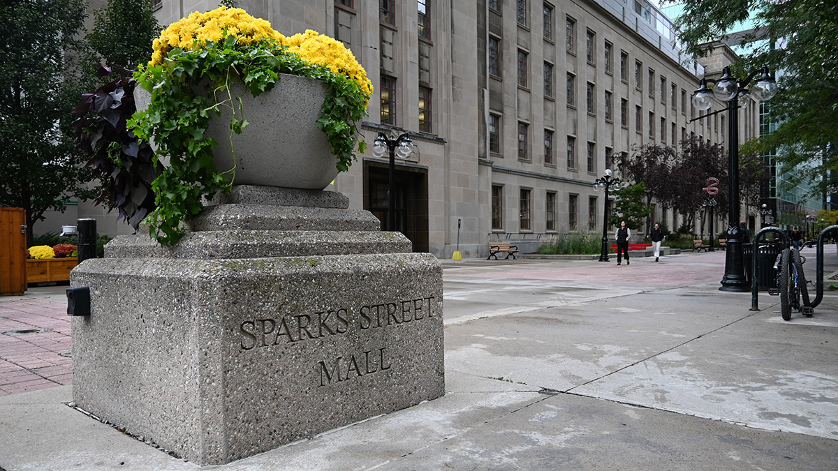 A stone planter with flowers reads "Sparks Street Mall." The street is in view in the background.