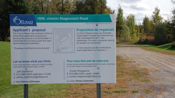 A sign showing the city's proposed development plan for the subdivision at 1600 Stagecoach Rd.