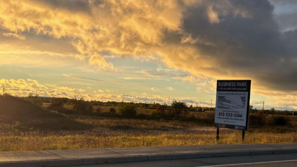 A business park sign stands by the roadside, advertising available lots. The surrounding field is dry and subdued, with low vegetation and distant trees, blending into the overcast horizon.