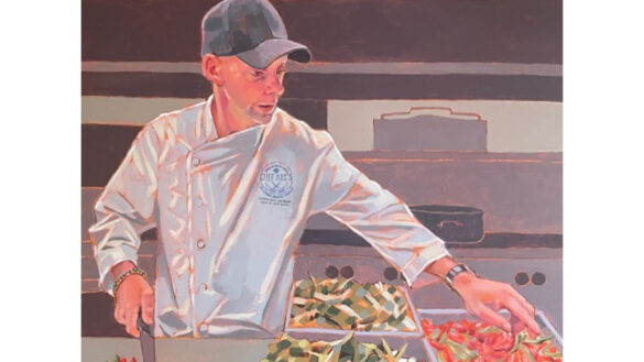 An acrylic painting of Chef Ric Allen-Watson chopping vegetables