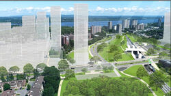 Rendering of the planned high-rises and reconfigured intersection near Lincoln Fields Station.