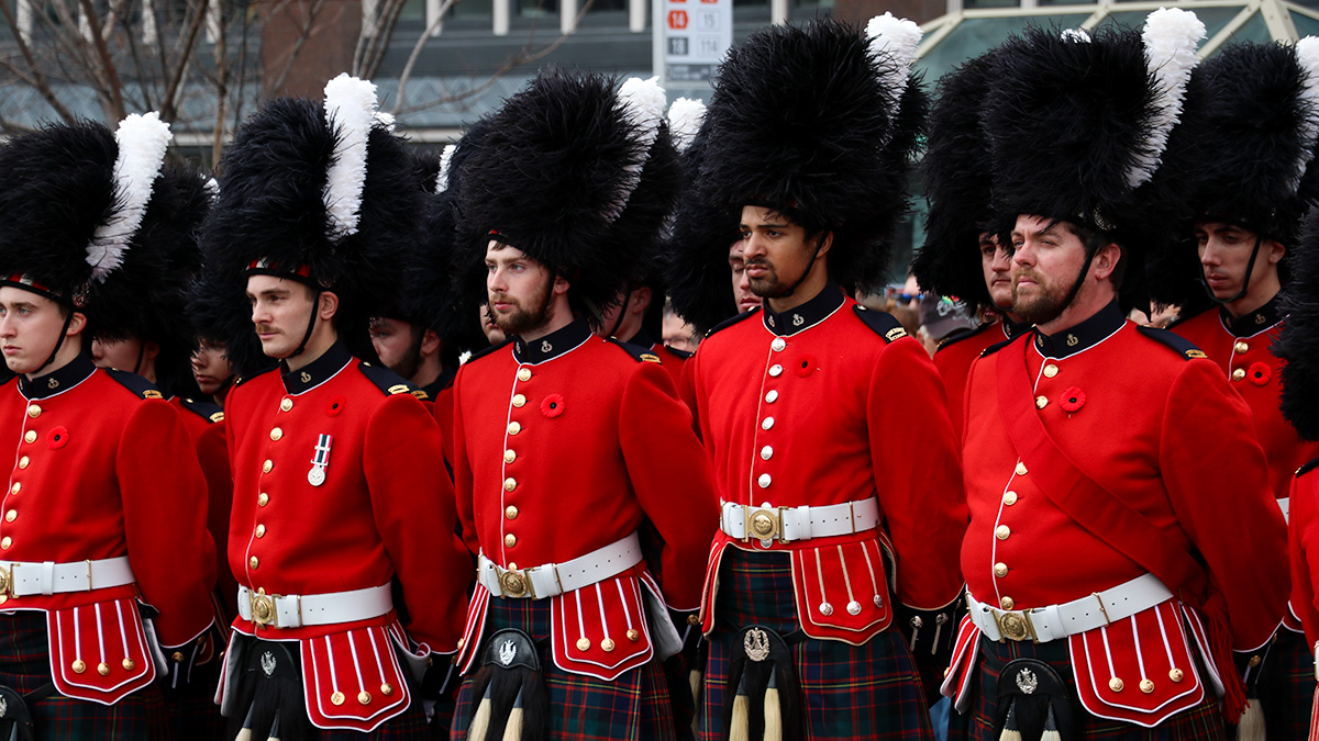 Members of the 48th Highlanders of Canada standing in formation. 