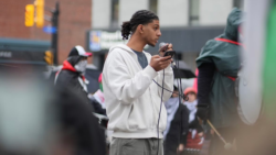 Carleton's Sudanese Union Student Association VP Finance Mohamed Mohamed is seen delivering a speech about the war in Sudan at a Palestine rally