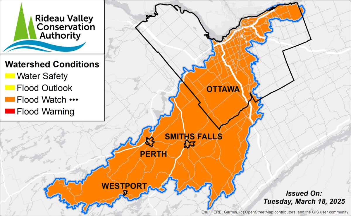 A map of Ottawa covered in orange colours, warning residents of the flood watch put into place.