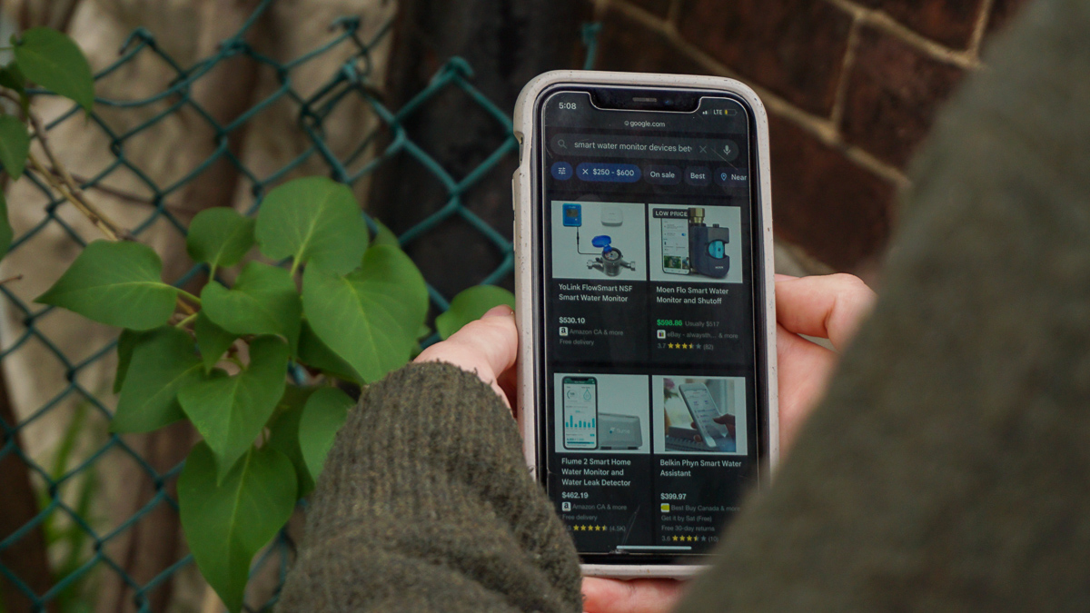 An iPhone screen with smart water monitoring devices available for purchase in Canada.
