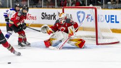 Gwyneth Philips in net during the PWHL finals.