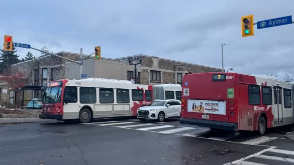 OC Transpo route 6 Rockliffe (northbound) and 7 Carleton (southbound) passing each other along Bank Street on Sunday, Nov. 16, 2025 at 3:31 P.M. The four lane road has been deemed too narrow to accommodate all traffic.